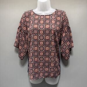 Loft Blouse Top Size XXS Pet Womans Navy Blue Brown Floral Print 3/4 Bell Sleeve